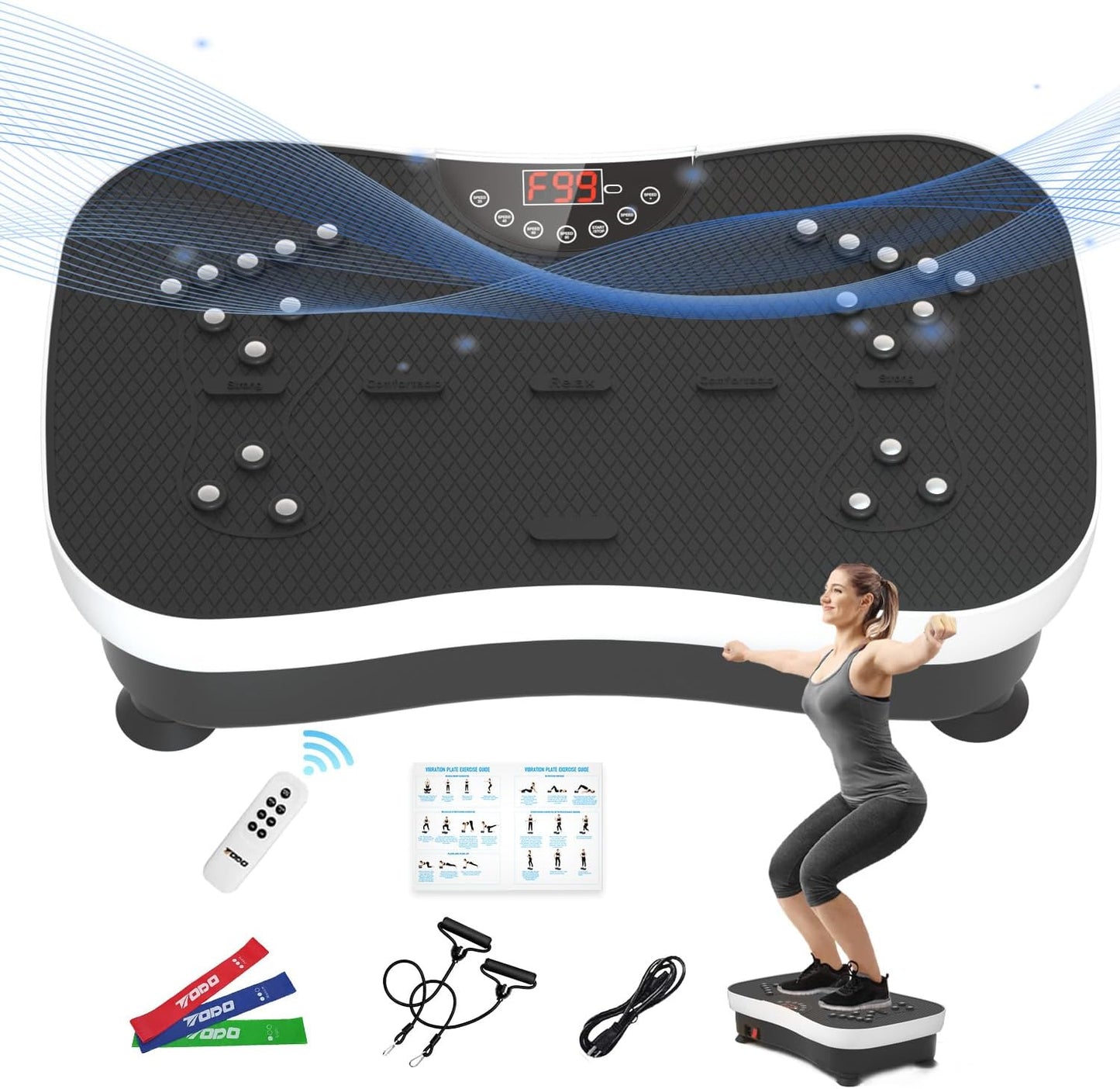 Vibration Plate Exercise Machine Whole Body Vibration Machine with Remote Control for Pain Relief, Lymphatic Drainage, Weight Loss(3 Resistance Loops/Resistance Bands)